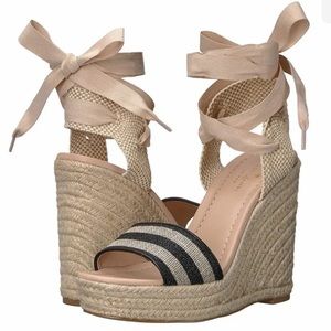 KATE SPADE DELANO BLACK/NATURAL GLITTER STRIPE WRAP ANKLE TIE ESPADRILLES SZ 8